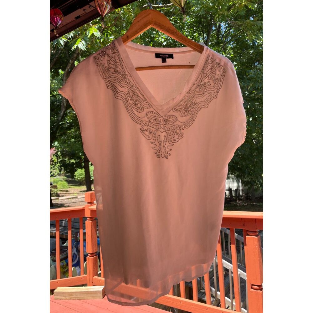 Beaded V Neck Blouse Womens Small Ivory Sheer Chiffon Tunic Top Boho Evening